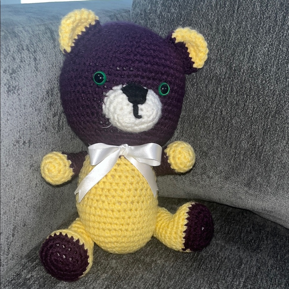 Handmade Purple and Yellow Crochet Teddy Bear